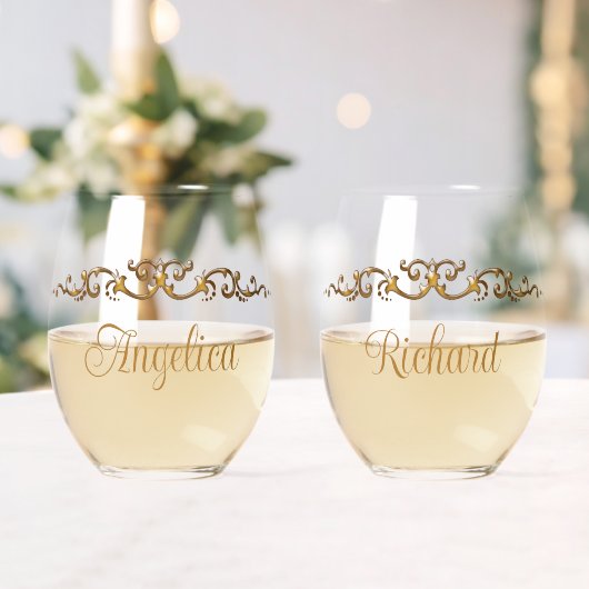 Romantisch, elegant, grillig goud gepersonaliseerd wijnglas zonder voet (Insitu (Huwelijk))