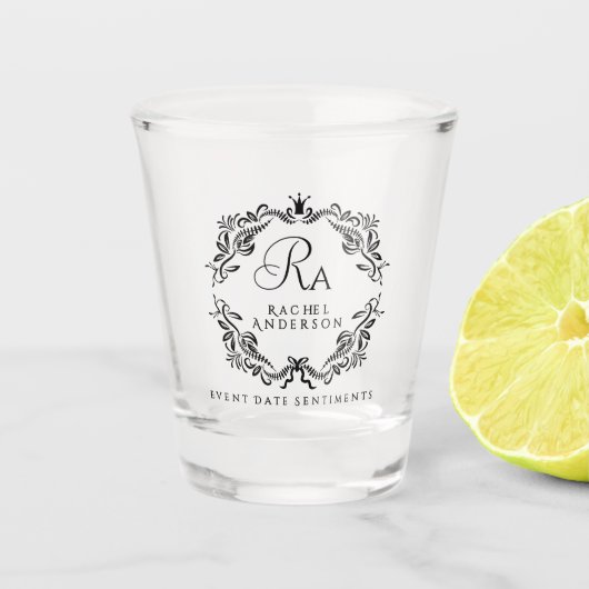 Romantisch Elegant Loofwerk Monogram Shot Glas (Voorkant)