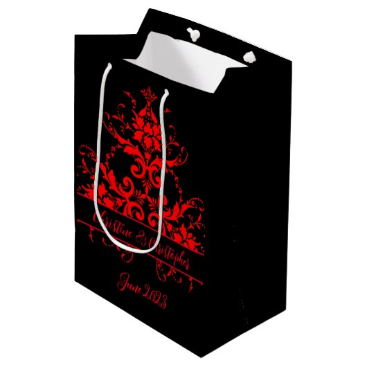 Romantisch, Elegant Rood Damast Medium Cadeauzakje (Voorkant Gekanteld)