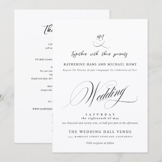 Romantisch Elegant Schrift Calligrafie Bruiloft Kaart (Voorkant / Achterkant)