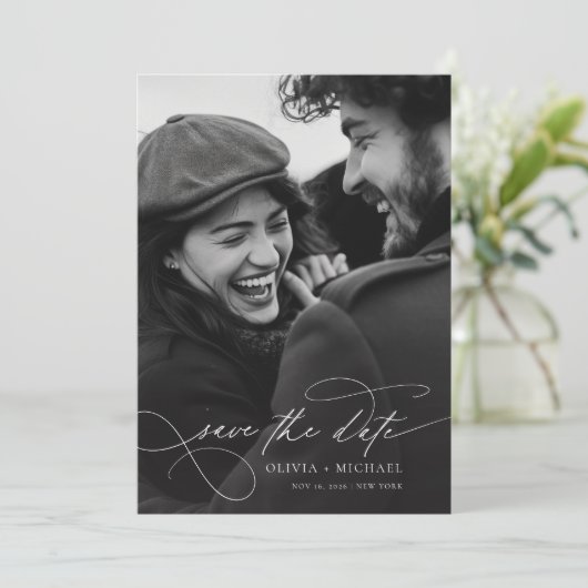 Romantisch Elegant Script Foto Bruiloft Save The Date (Staand voorkant)