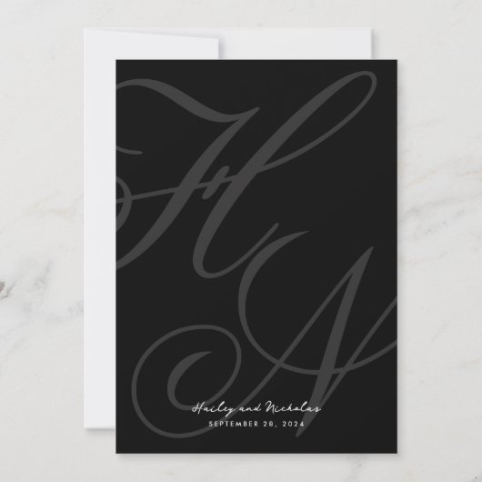 Romantisch Elegant Script Monogram Zwart Bruiloft Kaart (Achterkant)