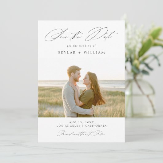 Romantisch Elegant Script Rustiek Strand Foto Huwe Save The Date (Staand voorkant)