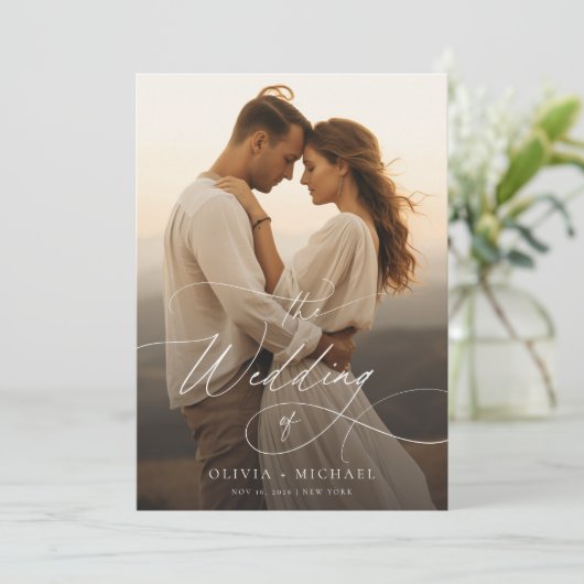 Romantisch Elegant Script Zonsondergang Foto Bruil Kaart (Staand voorkant)