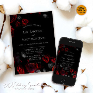 Romantisch Elegant Zwart Rood Bloemen Huwelijk Kaart