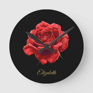 Romantisch Elegante Rode Roos met Gouden Script Gi Ronde Klok