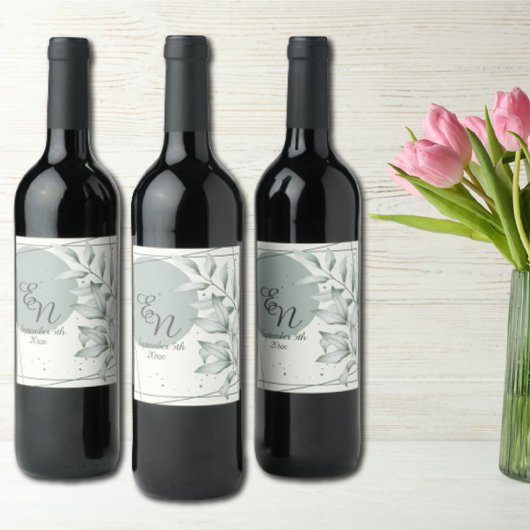 Romantisch Ellegant Monogram Groene Bladeren Bruil Wijn Etiket