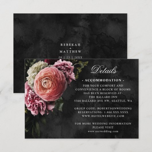 Romantisch en Moody Roze Boeket op Zwarte Details RSVP Kaartje (Voorkant / Achterkant)