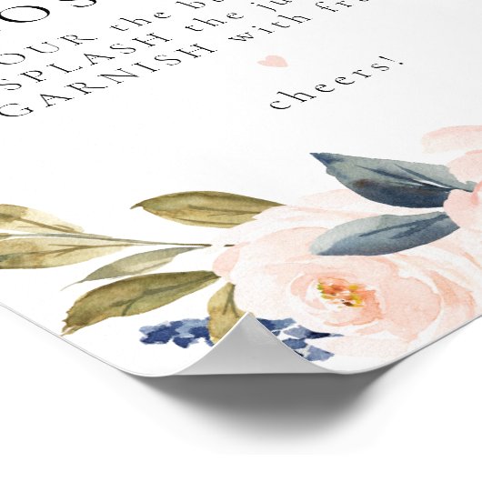 Romantisch en Sweet Navy Floral Mimosa Bar teken Poster (Hoek)