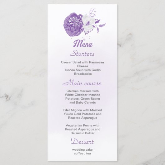 romantisch en wit paars brutaal trouwmenu menu (Voorkant)