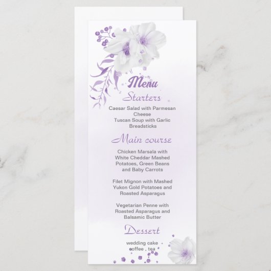romantisch en wit paars brutaal trouwmenu menu (Voorkant / Achterkant)