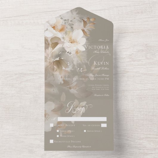 Romantisch Etherisch Neutraal Beige Bloemendiner All In One Uitnodiging (Binnen)