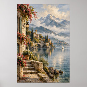 Romantisch Europees dorpsgezicht aan het meer tege Poster