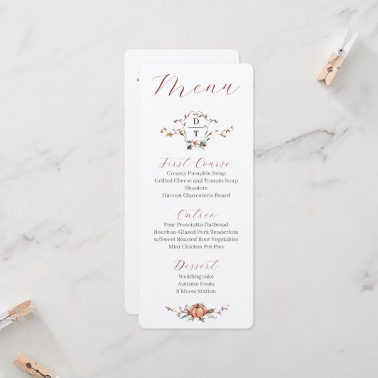 Romantisch Fall Wedding Menu w / sinaasappel en bl Kaart (Voorkant / Achterkant in situ)