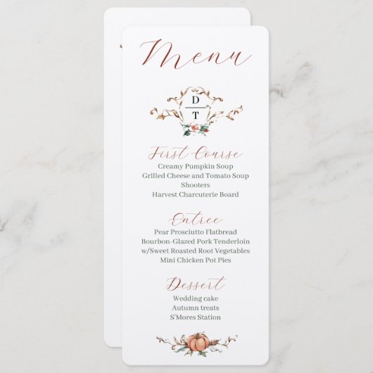 Romantisch Fall Wedding Menu w / sinaasappel en bl Kaart (Voorkant / Achterkant)