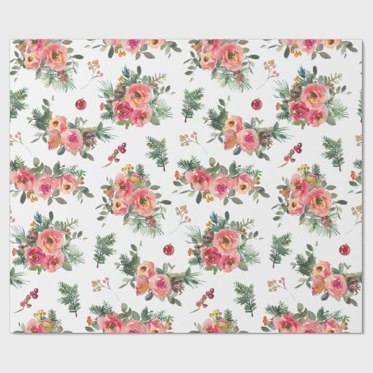 Romantisch Feestelijke Bloemen & Pijnbomen | kerst Cadeaupapier (Vlak)