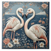Romantisch Flamingo Koppel Art Deco Blauwe Vijver  Tegeltje (Voorkant)
