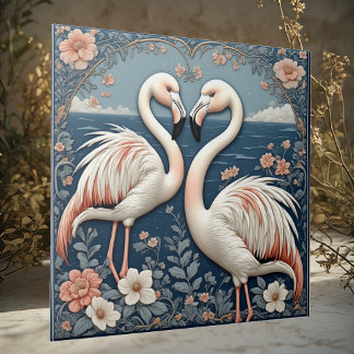 Romantisch Flamingo Koppel Art Deco Blauwe Vijver Tegeltje