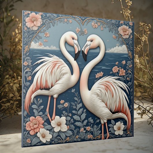 Romantisch Flamingo Koppel Art Deco Blauwe Vijver  Tegeltje