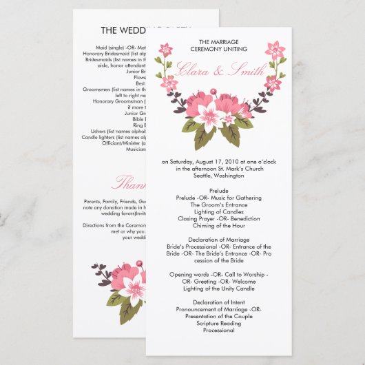 Romantisch Floral bruiloft programma Programmakaart (Voorkant / Achterkant)