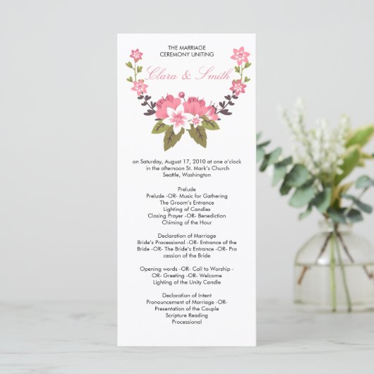 Romantisch Floral bruiloft programma Programmakaart (Staand voorkant)