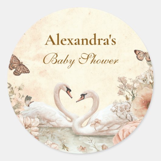 Romantisch Floral Swan Baby shower Ronde Sticker (Voorkant)
