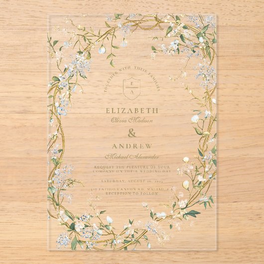 Romantisch Floral Wedding Design met Monogram Cres Acryl Uitnodigingen (Voorkant)