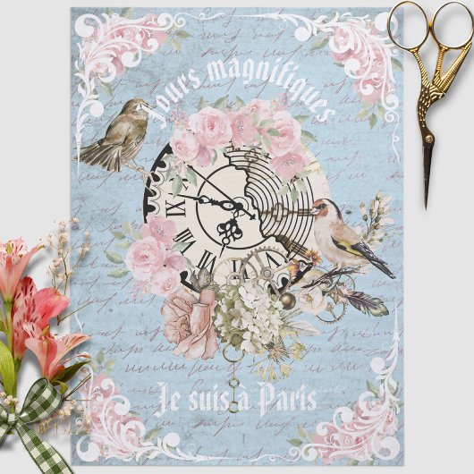 Romantisch Frans grunge blauw bloemen Ephemera Chi Tissuepapier