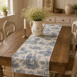 Romantisch Frans landschap toile in stoffig blauw Korte Tafelloper