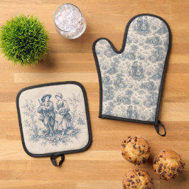 Romantisch Frans landschap toile in stoffig blauw Ovenwant & Pannenlap Set