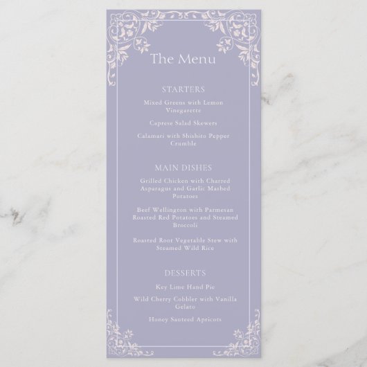 Romantisch Frans Lila Elegant Trouwmenu Menu (Voorkant)