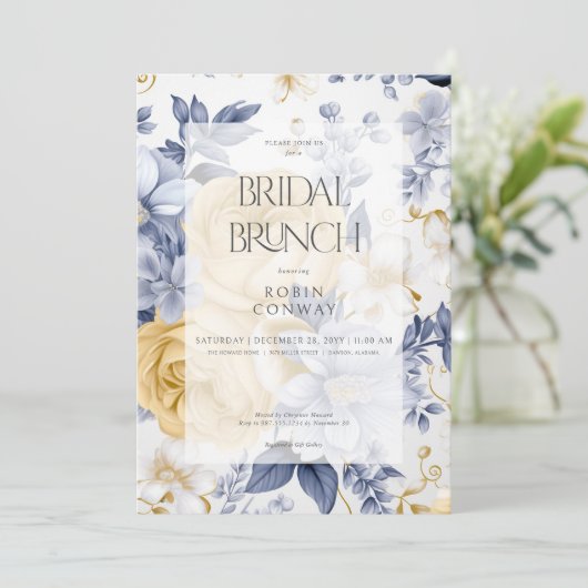Romantisch Geel Blauw & Wit Bloemen Bruids Brunch Kaart (Staand voorkant)