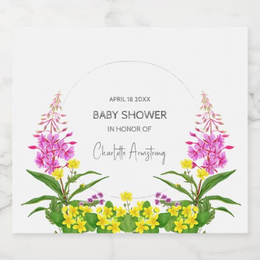 Romantisch Geel Roze Wildflower Script Baby shower Sparkling Wijnetiket (Enkel label)