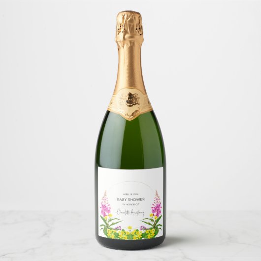 Romantisch Geel Roze Wildflower Script Baby shower Sparkling Wijnetiket (Voorkant)