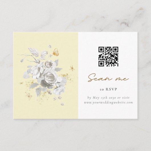Romantisch Geel Wit Roos Trouwen QR Code RSVP Informatiekaartje (Voorkant)