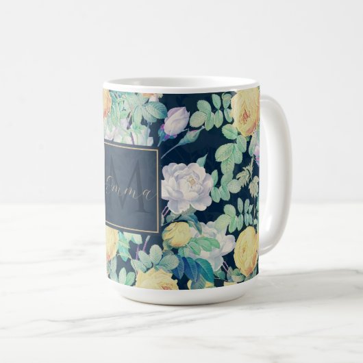 Romantisch Geel Witte rozen bloemblauw design Koffiemok (Voorkant rechts)