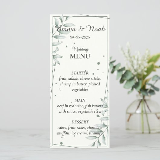 Romantisch Gentle Groen Bladeren Bruiloft Diner Me Menu (Staand voorkant)