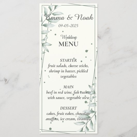 Romantisch Gentle Groen Bladeren Bruiloft Diner Me Menu (Voorkant)