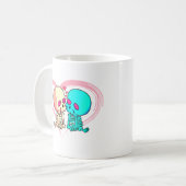 Romantisch geraamte stel dat zoent in roze hart koffiemok (Voorkant links)