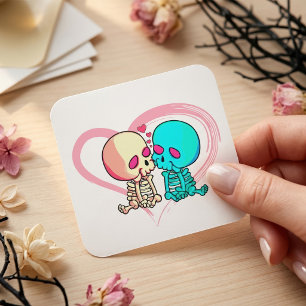 Romantisch geraamte stel dat zoent in roze hart vierkante sticker