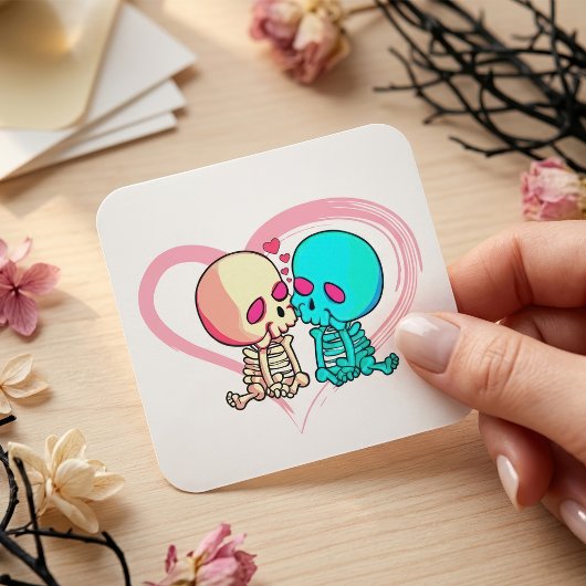 Romantisch geraamte stel dat zoent in roze hart vierkante sticker