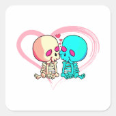 Romantisch geraamte stel dat zoent in roze hart vierkante sticker (Voorkant)