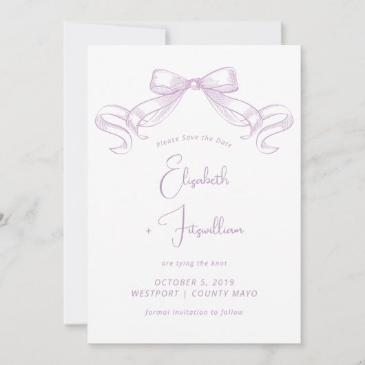 Romantisch geschetste boog | Lila Stropdas De Knoo Save The Date (Voorkant)