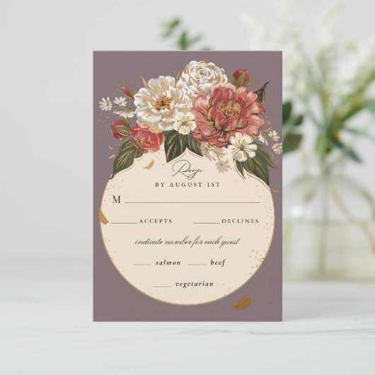 Romantisch geschilderd Floral Wedding Faux Gold RSVP Kaartje (Staand voorkant)