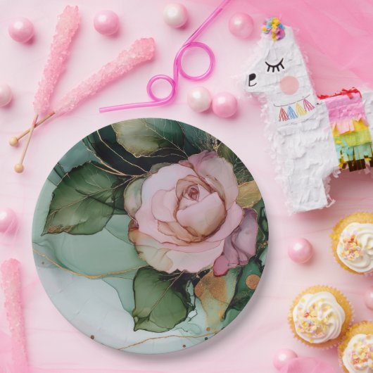 Romantisch Gold Blush Pink Rose Bloemen Vrijgezell Papieren Bordje (Feest)