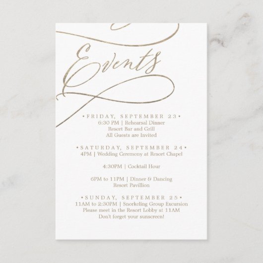 Romantisch Gold Wedding Weekend schema van de Even Informatiekaartje (Voorkant)