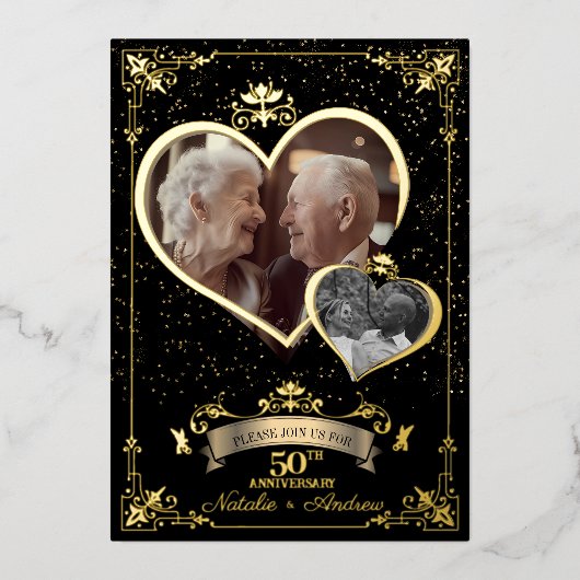Romantisch Golden Jubileum Party Toen & Nu Foto Folie Uitnodiging (Voorkant)