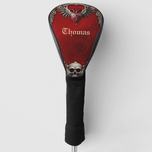 Romantisch gotisch icoon: hart, roos, schedel. golfheadcover (Voorkant)