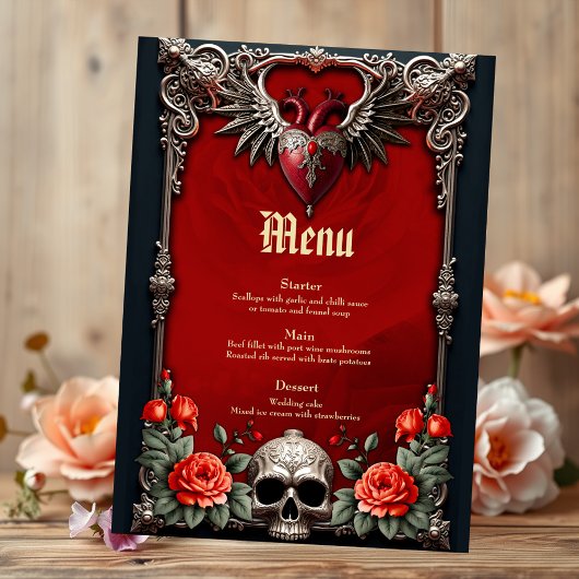 Romantisch gotisch icoon: hart, roos, schedel. menu