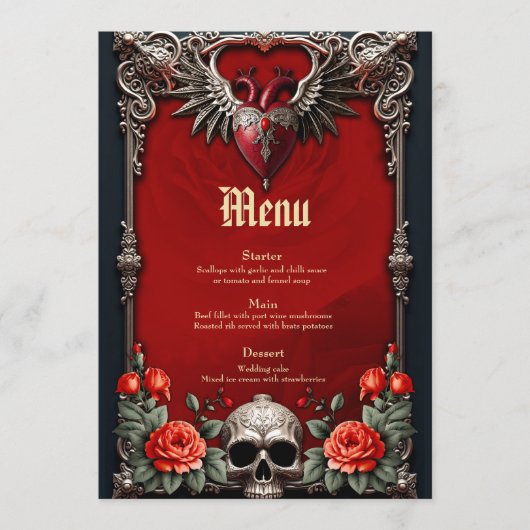 Romantisch gotisch icoon: hart, roos, schedel. menu (Voorkant)